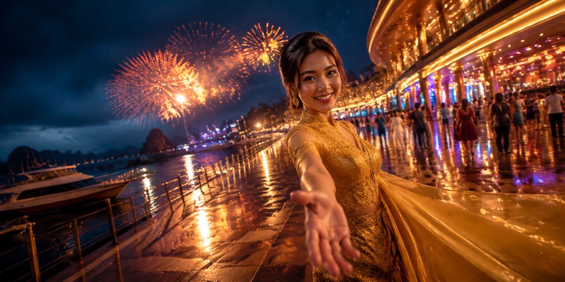 Suasana meriah festival hiburan casino dengan pencahayaan warna-warni di malam hari