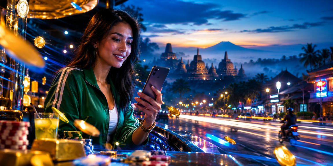 Pengguna mengakses platform casino dan hadiah lewat ponsel dengan pencahayaan neon malam hari