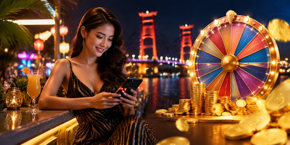 Wanita Indonesia tersenyum menang di meja permainan casino dengan suasana malam yang elegan